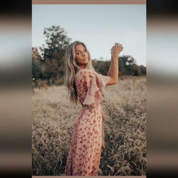 Lovestitch Priscilla Mauve Floral Flowy Wrap Maxi Dress Flutter Slvs Tie Belt LG - Picture 4 of 15